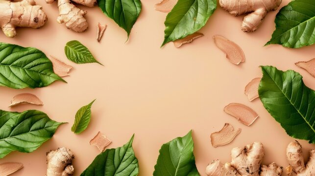 photo of ginger, slippery elm leaf and licorice root flat lay background with copy space in center, rose gold a bit light brown background, vibrant color scheme, wide angle shot from above, minimal st