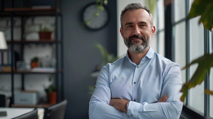 Mature 55 year old confident businessman executive in light blue shirt standing with crossed arms in office looking at camera