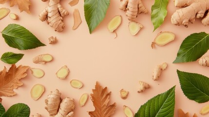 photo of ginger, slippery elm leaf and licorice root flat lay background with copy space in center, rose gold a bit light brown background, vibrant color scheme, wide angle shot from above, minimal st