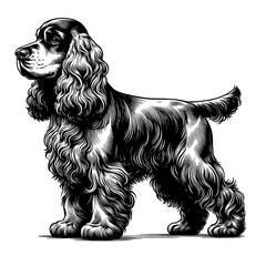 English Cocker Spaniel standing. Hand Drawn Pen and Ink. Vector Isolated on White. Engraving vintage style illustration for print, tattoo, t-shirt.	