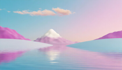 3d render modern abstract minimalist background water in the middle of the pink desert under the blue sky with white clouds fantasy landscape
