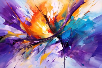 Abstract painting featuring vibrant purple and yellow flowers