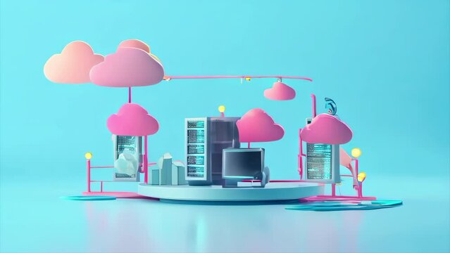 A computer network is shown in a blue background with pink clouds. The network is made up of many different components, including servers, computers, and other devices. Scene is one of technology