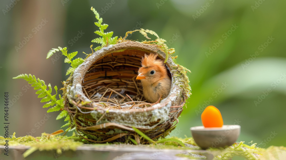 Poster a close up of a bird nest with an orange egg in the foreground and a fern in the background.