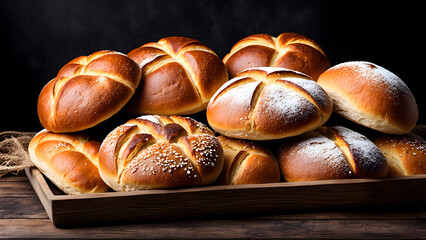 bakery rustic crusty loaves of bread and buns on black