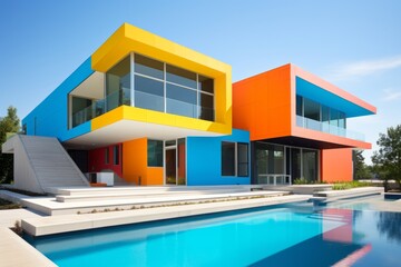 Vibrant house with a sparkling pool in the foreground