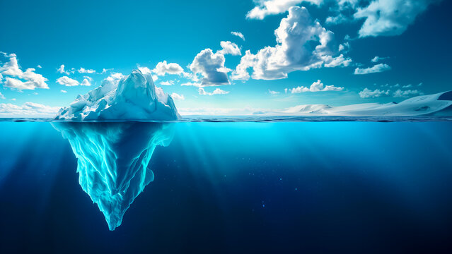 iceberg in the sea side view with space for copy or text, blue sky and clouds, iceberg concept