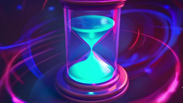 A blue and purple glass hourglass with a blue sand inside. The sand is almost gone