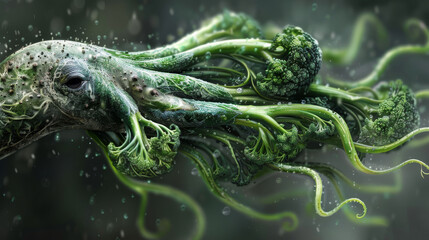 a close up of an octopus with a bunch of broccoli on it's back and tentacles sticking out of it. - obrazy, fototapety, plakaty