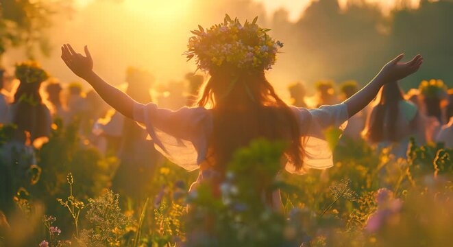Woman with arms raised in joy is surrounded by people celebrating the Midsummer Summer Solstice festival, wearing white linen and flower crowns on their head.