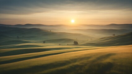 Fototapeta na wymiar Sunrise over the hills and fields, countryside landscape photo background