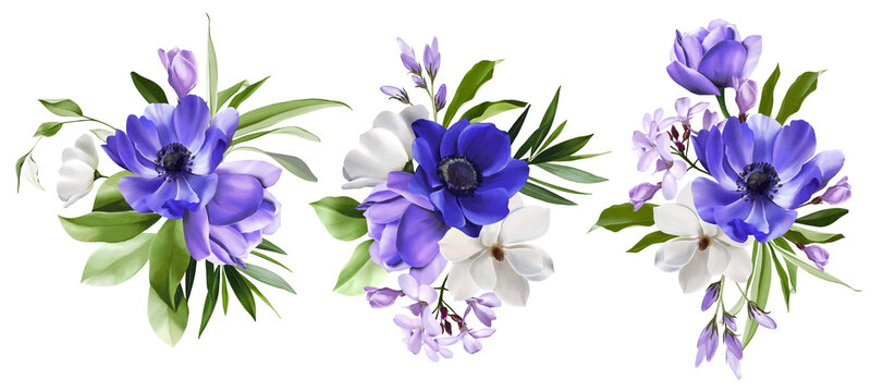 Bouquet of purple, white flowers with green tropical leaves. Set of watercolor floral compositions isolated on white background. Illustration of plant patterns for natural ornaments, frames, wallpaper