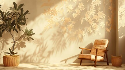Beige background with shadow and money trees and amchair in house - obrazy, fototapety, plakaty