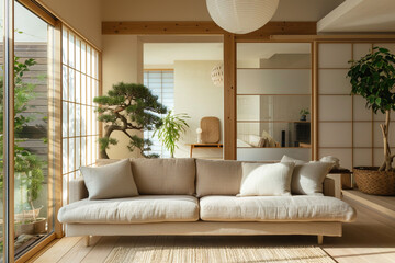 Minimalist Japandi interior, sleek beige sofa, serene vibes.