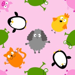 Easter animals and eggs seamless penguin and cats and frogs and chicken and sheep and pig pattern for wrapping