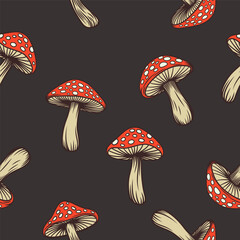 Vector Seamless Pattern with Hand Drawn Cartoon Mushrooms on a Black Background. Amanita Muscaria, Fly Agaric Mushroom Design Template. Seamless Vegetable Print with Magic Mushroom