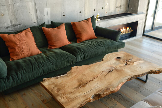 Rectangular driftwood coffee table, forest green sofa, terracotta pillows, polished concrete wall, Japandi room, linear fireplace.