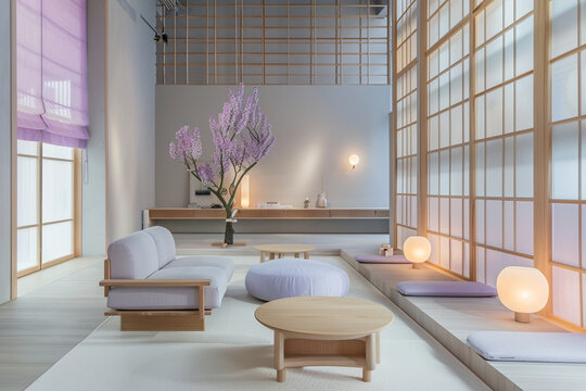 Serene Japandi style with lavender and dove gray hues, minimalist furniture, and delicate lighting.
