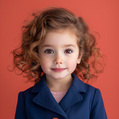 A young girl with auburn curls and brown eyes, dressed in blue office coat against a coral solid background. - obrazy, fototapety, plakaty
