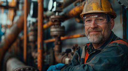 Portrait of smiling worker with helmet in front of pipes and equipment in gas industry plant. Generative AI - 764347810