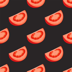 Flat Vector Seamless Pattern with Fresh Tomato on a Black Background. Seamless Vegetable Print with Whole Tomatoes