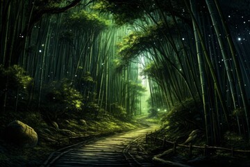 A road winding through a peaceful bamboo forest, evoking calmness