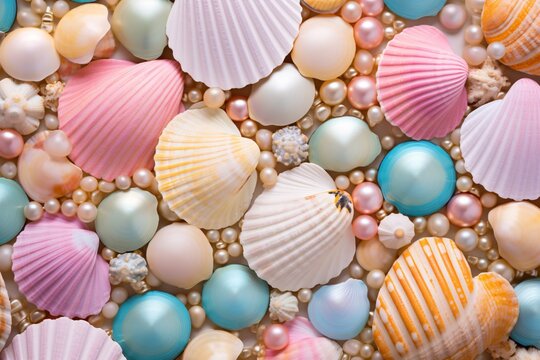 Colorful pearls and seashells background, Pearls and seashells Wallpaper, Pearls Background, Seashells Wallpaper, AI Generative