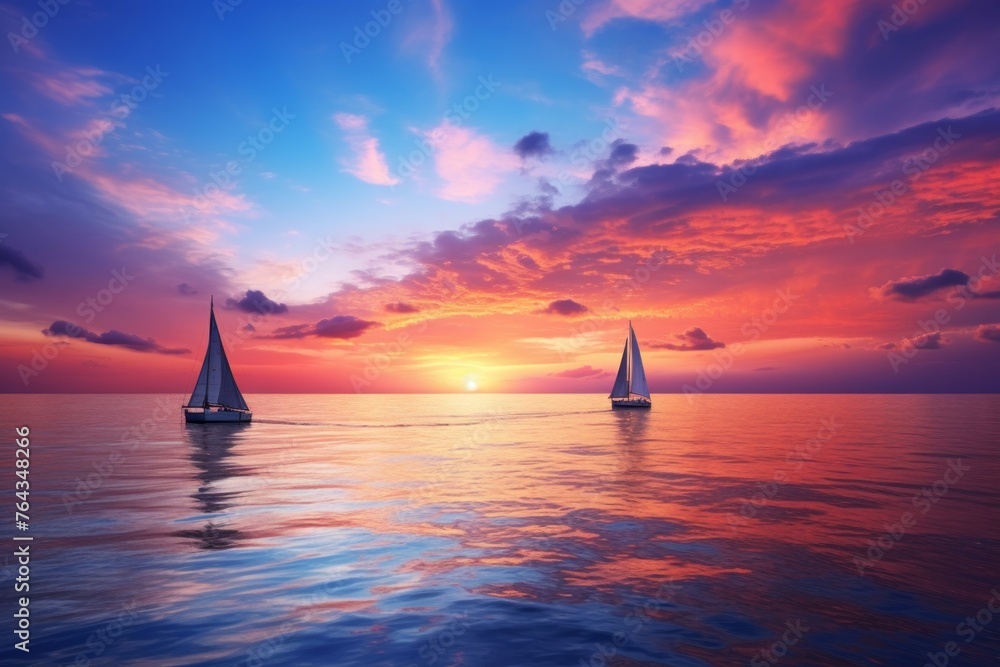 Wall mural Coastal sunset sky background with a sailboat on the horizon and a vibrant sky