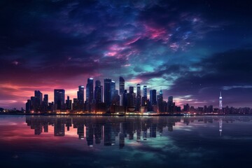 City skyline under a twilight sky background with city lights