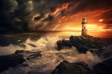 Dramatic sky background with storm clouds and a lighthouse on the coast - obrazy, fototapety, plakaty