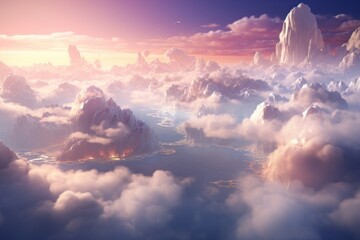 Dreamlike 3D cloud landscape with floating islands and soft lighting