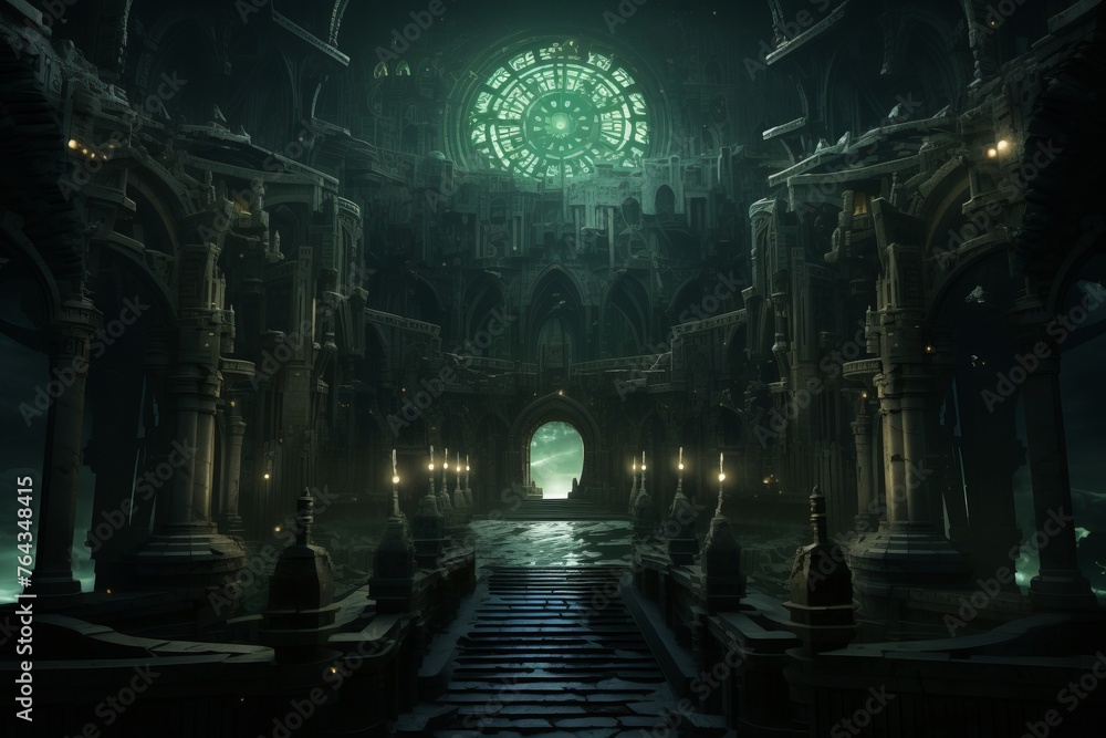 Poster enigmatic 3d realm with mysterious architecture and surreal atmospheric effects
