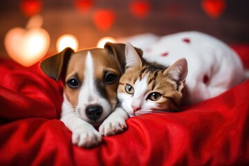 Fototapeta na wymiar Cute kitten and jack russell terrier puppy sleep together with red heart under warm blanket on a bed on festive background. Valentines day concept - generative ai