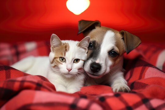 Cute kitten and jack russell terrier puppy sleep together with red heart under warm blanket on a bed on festive background. Valentines day concept - generative ai