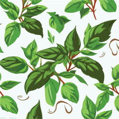 Seamless decorative pattern with basil leaves and t