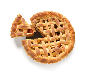 Tasty apple pie on white background