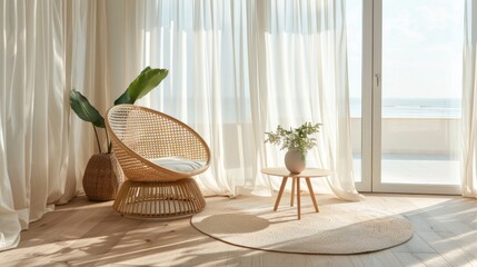 Modern interior design, with a natural color scheme featuring white walls and light wood floors, a rattan chair is placed in the center of an open space, featuring a round table on one side