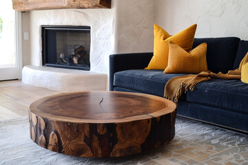 Circular walnut log coffee table by navy sofa, mustard pillows, white stucco wall, Japandi room, sleek fireplace.