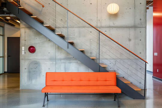 Bold-colored bench, minimalist concrete wall, and modern staircase in a stylish loft entry.