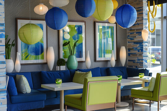Eclectic blend with cobalt blue and chartreuse green accents, angular furniture, and paper lanterns.
