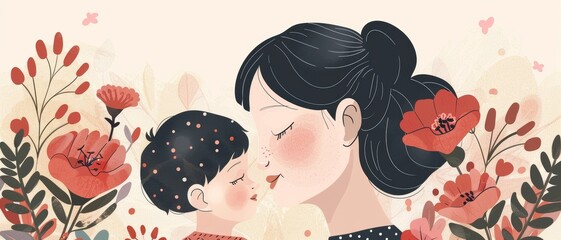 Fototapeta premium Illustration of mother with her little child, flower in the background.