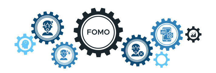 Fomo banner web icon vector illustration concept with icons of fear, trend, interest, stress, missing out, social