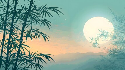 Bamboo silhouette and landscape. Beautiful art background of plant leaves.
