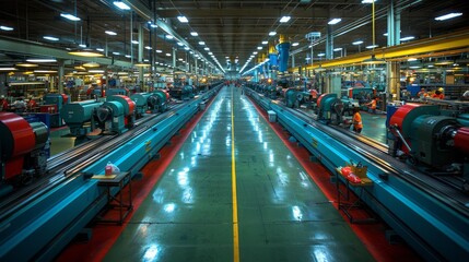 Busy factory buzzing with machinery and workers in city building - obrazy, fototapety, plakaty