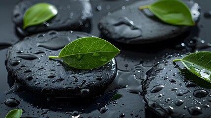 Close-up of black Zen stones with dewy green leaves and water droplets,  - obrazy, fototapety, plakaty