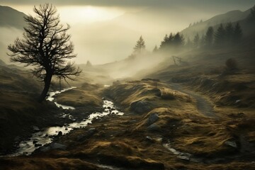 Enigmatic fog adding an air of mystery to a serene natural landscape - obrazy, fototapety, plakaty