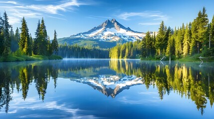 View of a mountain peak with a lake at sunrise, Washington state nature landscape panorama on a sunny day.