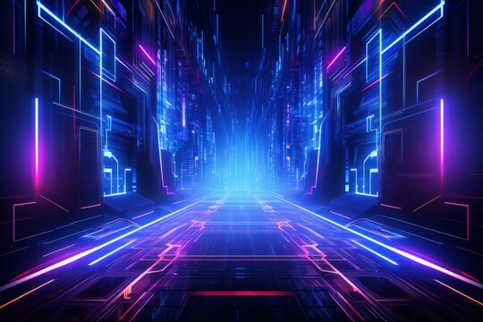 Vibrant and futuristic cityscape illuminated with neon lights and glowing lines