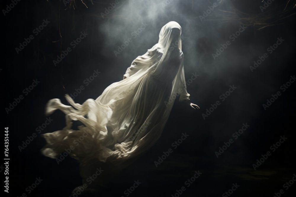 Poster ghostly figure floating in the air. halloween theme background