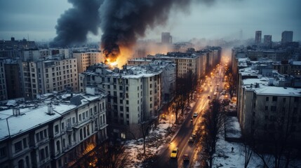 Spectacular panoramic image capturing a raging fire in a bustling urban metropolis